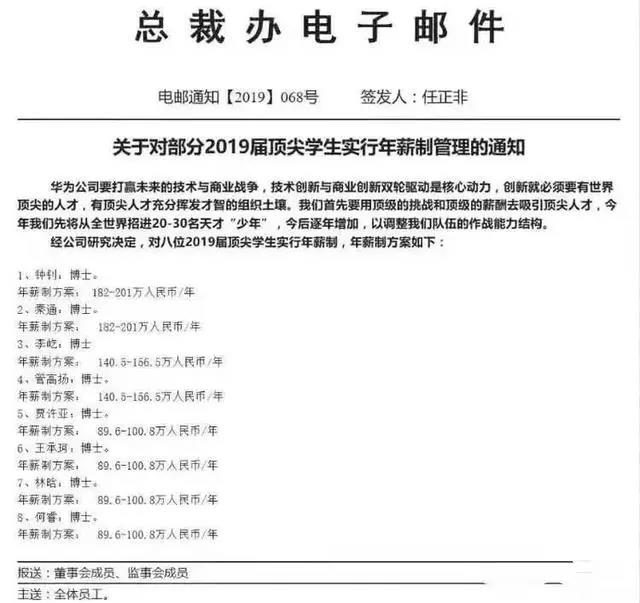 2019年7月23日，华为内部发文公布了8名顶尖学生的年薪方案